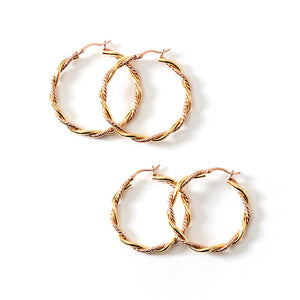 Two-Color18kt Gold Plated and Rose Gold Plated Sterling Silver Twist Hoops