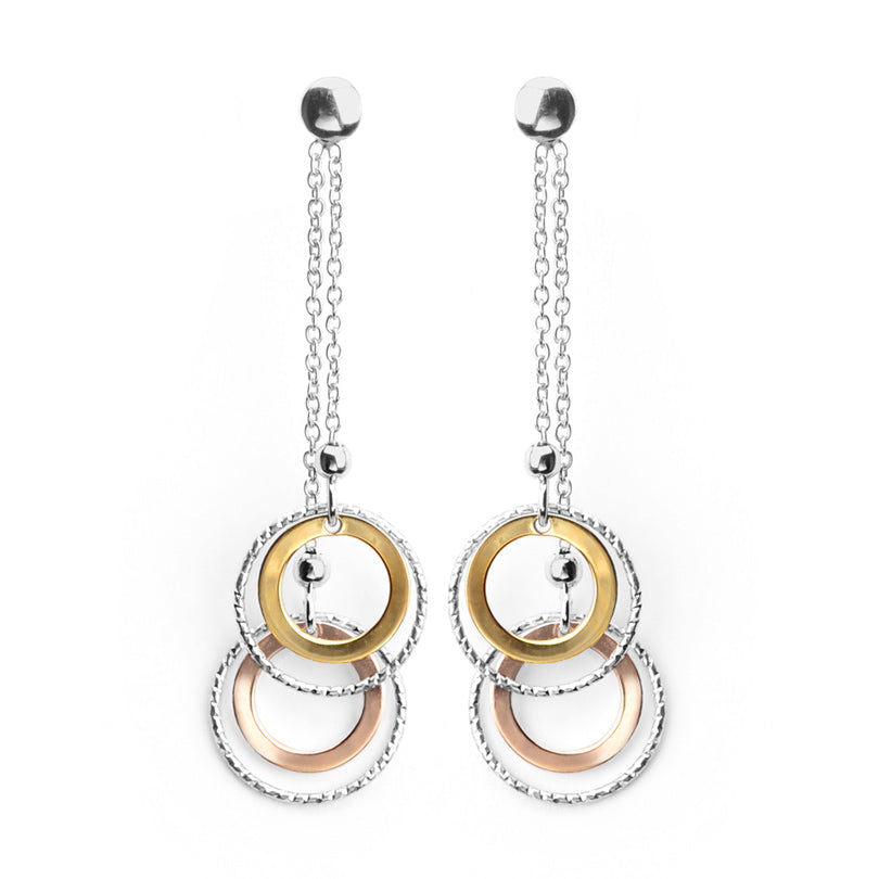Beautiful 18kt Tri-Color Gold and Rhodium Plated Sterling Silver Italian Circles Earrings