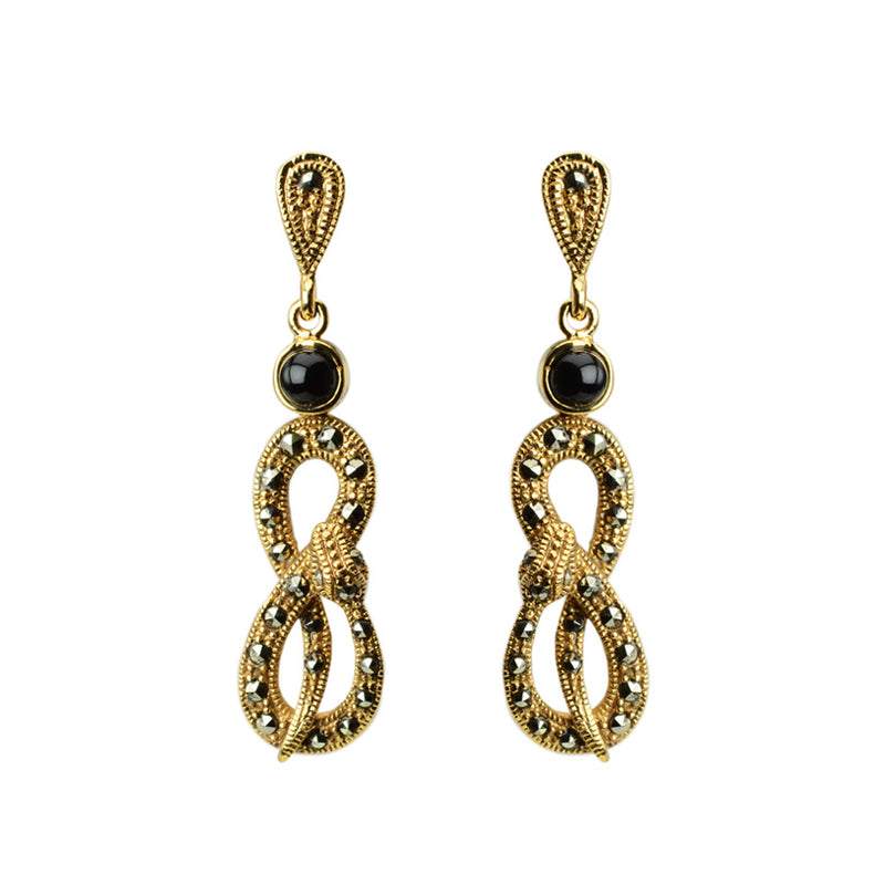 Exotic Snake with Black Onyx and Marcasite Gold Plated Earrings