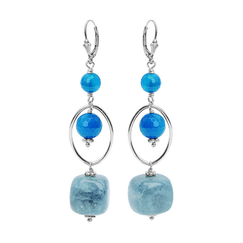 Captivating Blue Aquamarine and Blue Agate Sterling Silver Statement Earrings