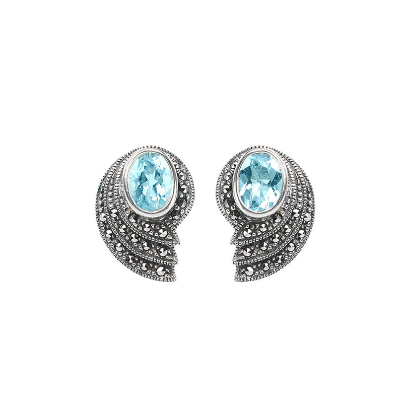 Beautiful Blue Topaz or Garnet Marcasite Sterling Silver Statement Earrings