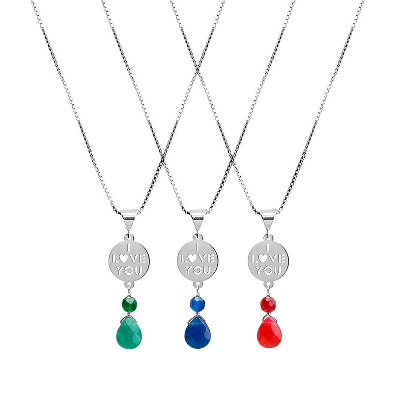 "I Love You" Colorful Agate Rhodium Plated Sterling Silver Italian Necklace