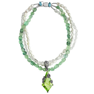 Unbelieveable Frog on Magnificent Sparkling CZ Stone with 3 Multi-Gemstone Strands Statement Necklace