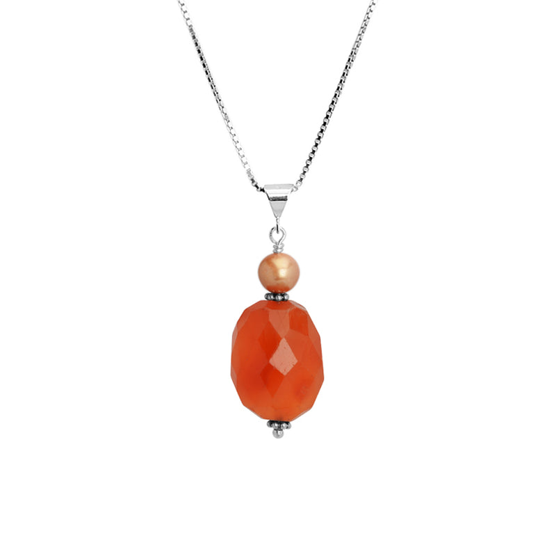 Vibrant Carnelian and Champagne Pearl Sterling Silver Necklace