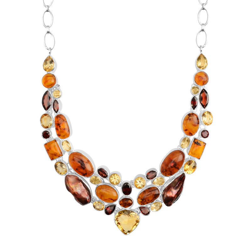 Gorgeous Citrine, Baltic Amber, Garnet & Red Pearl Sunset Statement Necklace