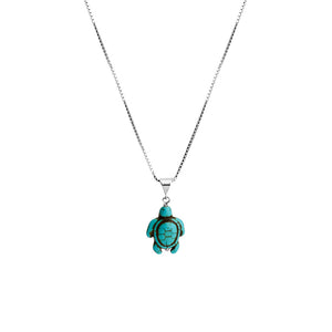 Adorable Turtle Turquoise Color Magnesite on Rhodium Sterling Silver Chain