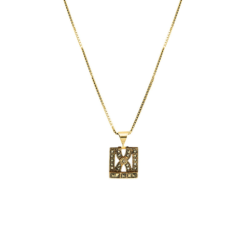 Delicate Art Deco Style Gold Plated Marcasite Pendant on Italian Gold Plated Silver Chain