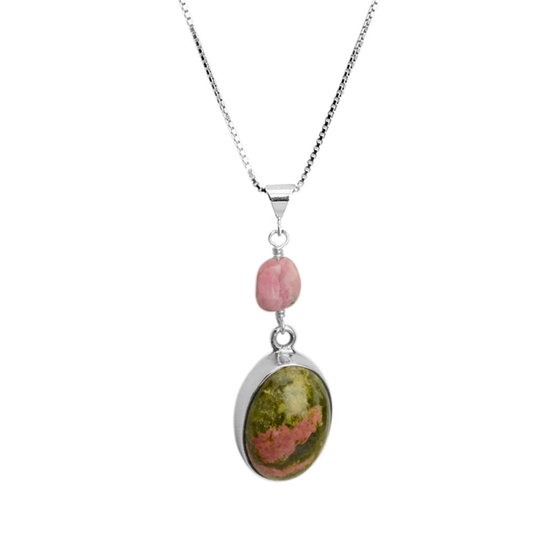 Gorgeous Pink Unakite and Rhodochrosite Sterling Silver Necklace 18