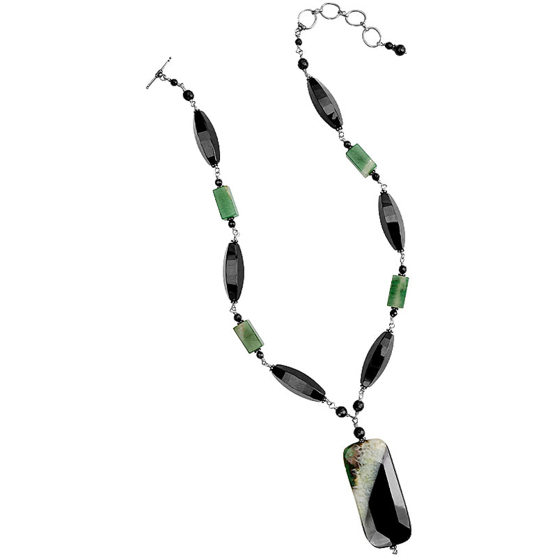 Layers of Colors of Black Onyx, Green Aventurine and Stripes of Agate Sterling Silver Necklace 18