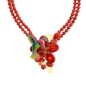 Super Cute Coral Sterling Silver Hummingbird Statement Flower Necklace