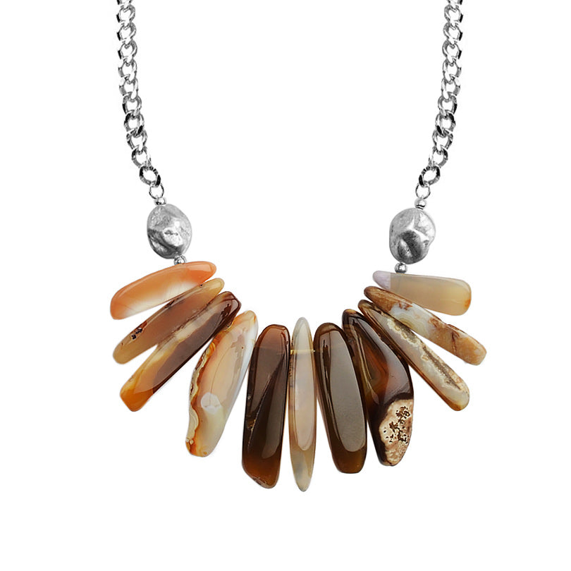 Beautiful Earth-Tone Nature's Patterns of Agate on Silver Plated Necklace