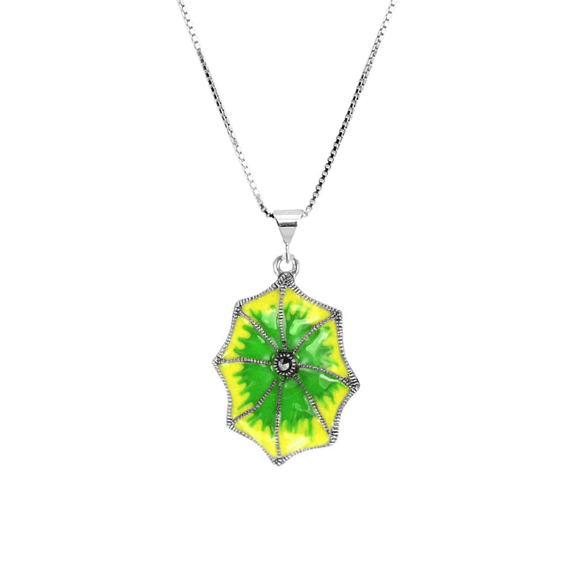 Marcasite and Enamel Sterling Silver Lily Pad Necklace