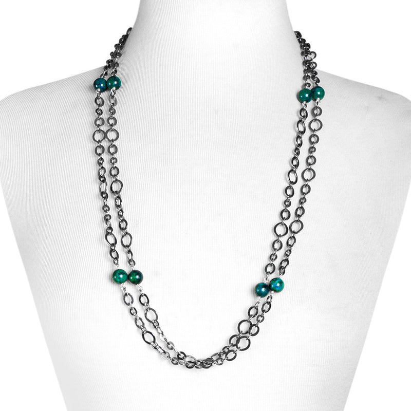 Earthy Turquoise on Black Chain Wrap Around Necklace 60