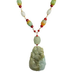 Gorgeous Natural Carved Burmese Jade Fish with Red Coral Statement Necklace
