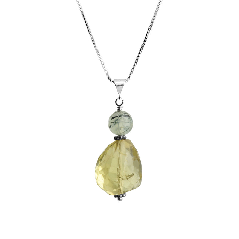 Sparkly Faceted Lemon Quartz and Green Prehnite Sterling Silver Necklace 16