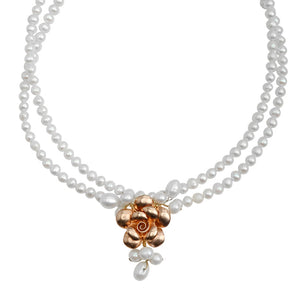 French Style "Dusty Rose" Fresh Water Pearl with Rose Gold Plated Silver Flower Necklace