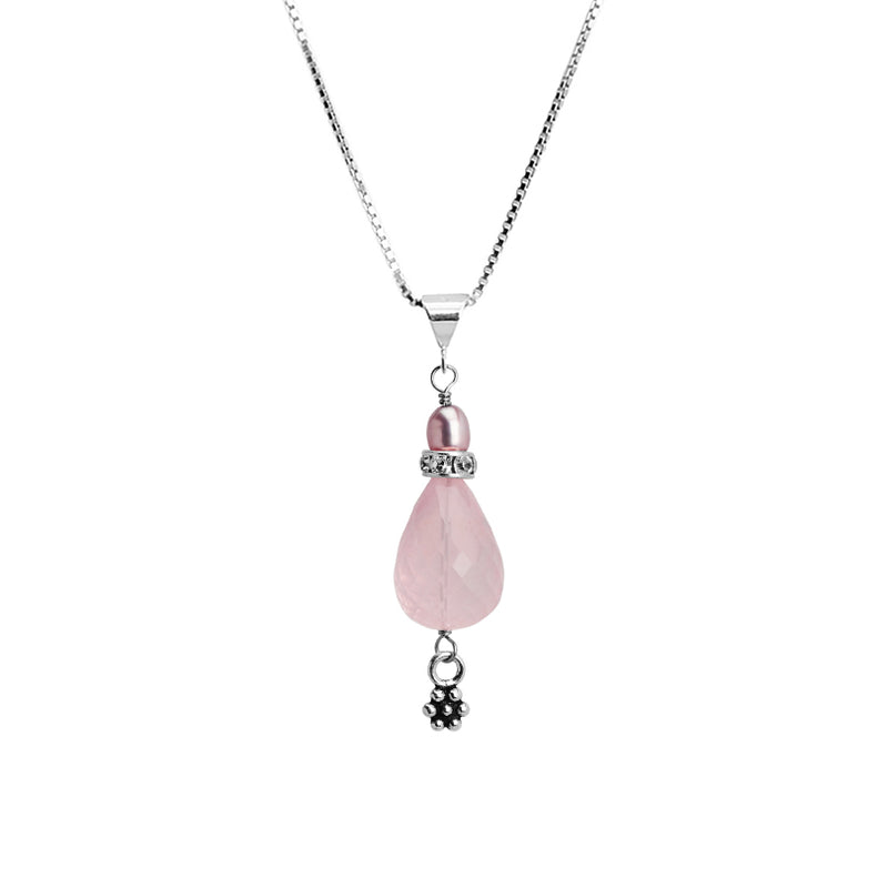 Lovely Faceted Rose Quartz and Fresh Water Pearl Sterling Silver Necklace 16