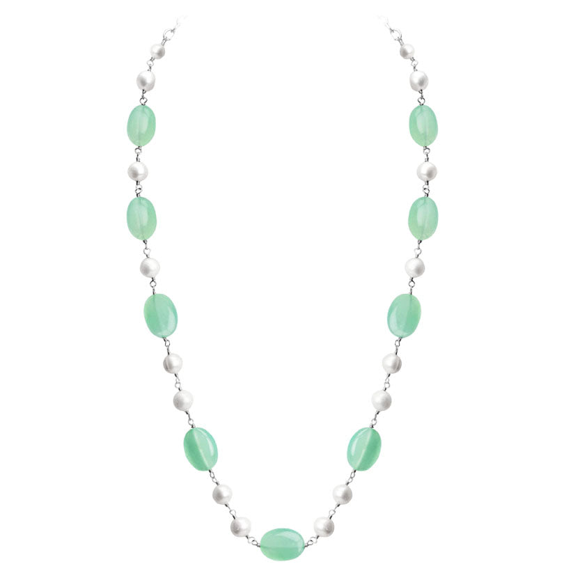 Gorgeous Sea Foam Translucent Chalcedony and Fresh Water Pearl Sterling Silver Statement