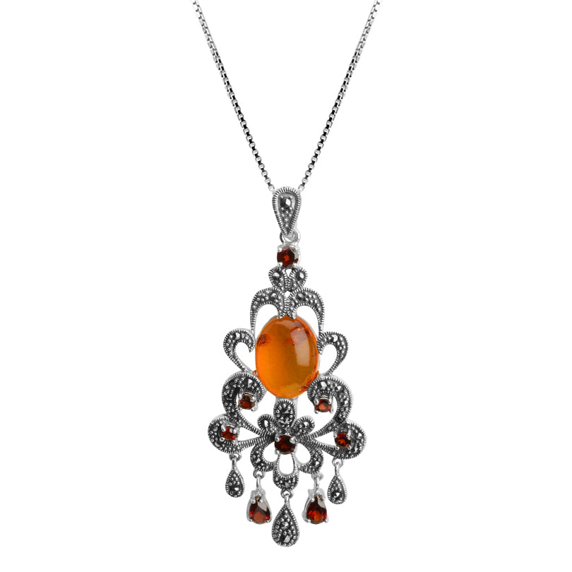 Majestic Victorian Design Garnet and Baltic Amber Marcasite Sterling Silver Statement Necklace