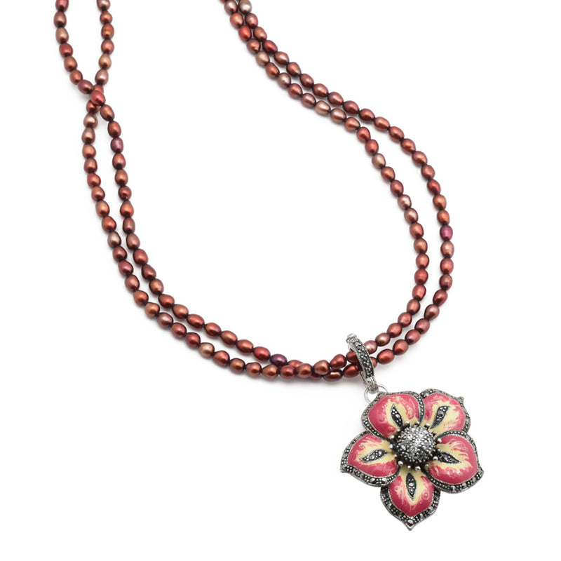 Simply Beautiful Marcasite Trimmed Flower on Ruby Pearls Neckline Sterling Silver Necklace 16