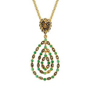 Emerald Green Agate and Marcasite Gold Plated Vintage Teardrop Design Necklace