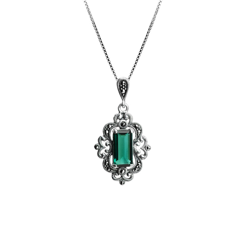 Gorgeous Faceted Siberian Emerald Green Quartz and Marcasite Sterling Silver Necklace