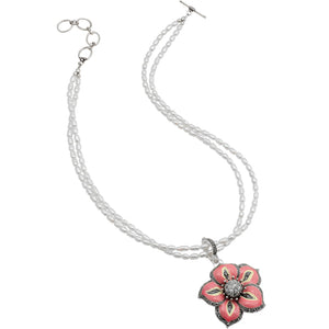 Sparkly Pink Flower on White Pearls With Marcasite Accent Sterling Silver Necklace 16" - 18"