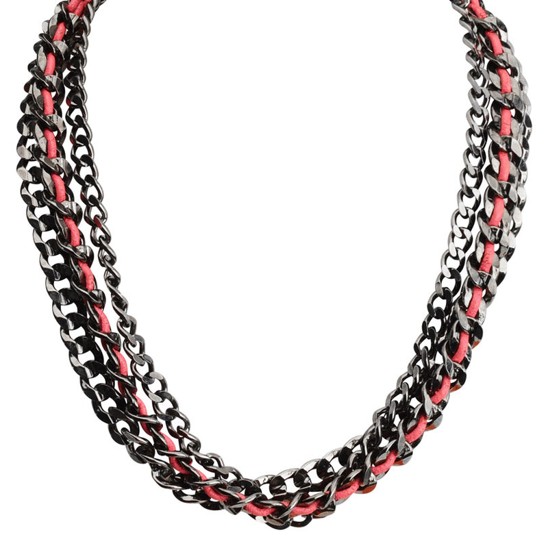 Funky Black Layered Link-Chain with Red Leather Accent Necklace 18 1/2