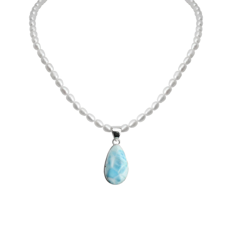 Lovely Larimar and Fresh Water Pearl Sterling Silver Necklace 15