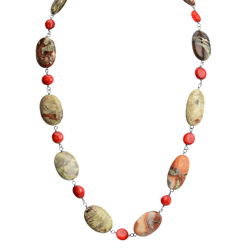 Beautiful Jasper and Coral Sterling Silver Necklace 22-24