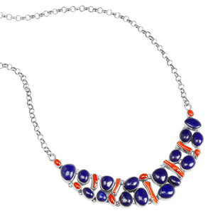 Rich Lapis & Coral Cobblestone Sterling Silver Statement Necklace