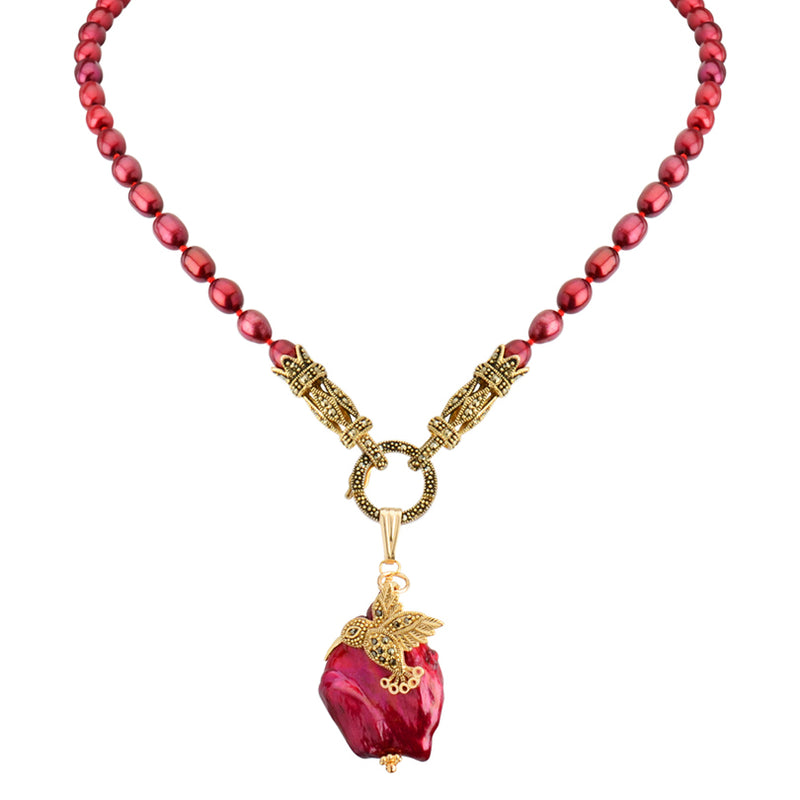Adorable Gold Marcasite Hummingbird on Ruby Red Pearls Neckline