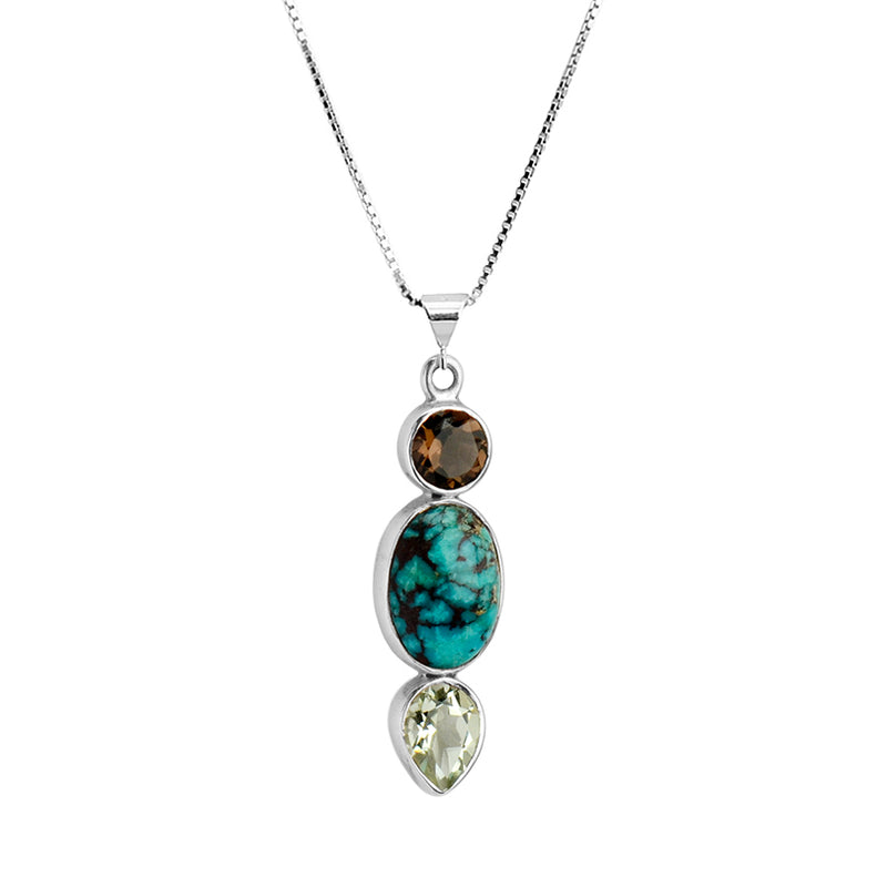 Small 3-Stones of Turquoise, Smoky Quartz and Green Amethyst Sterling Silver Necklace 16