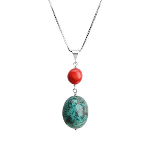 Genuine Turquoise and Coral Sterling Silver Necklace