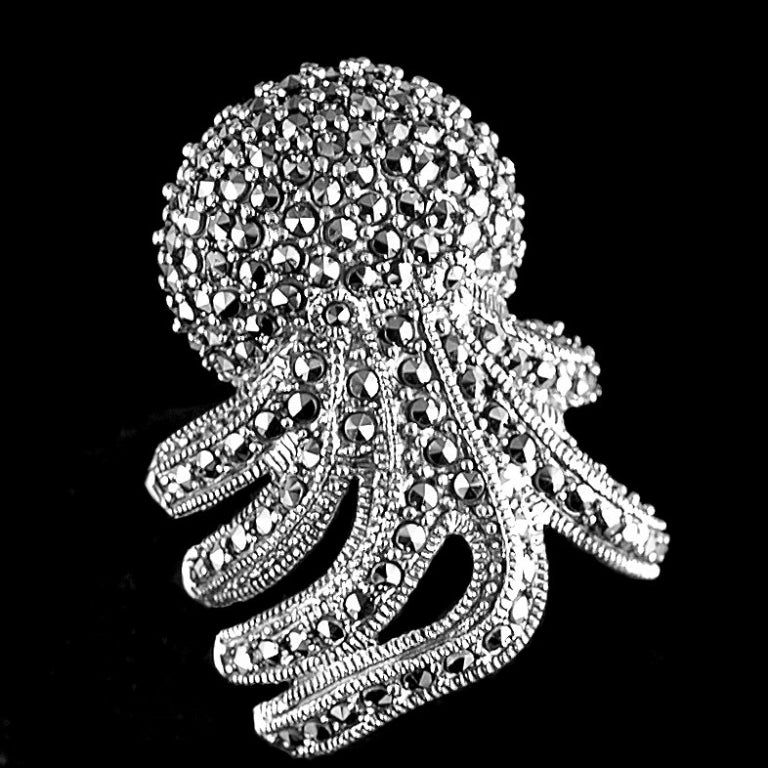 Magnificent Octopus Marcasite Sterling Silver Statement Ring-size 7