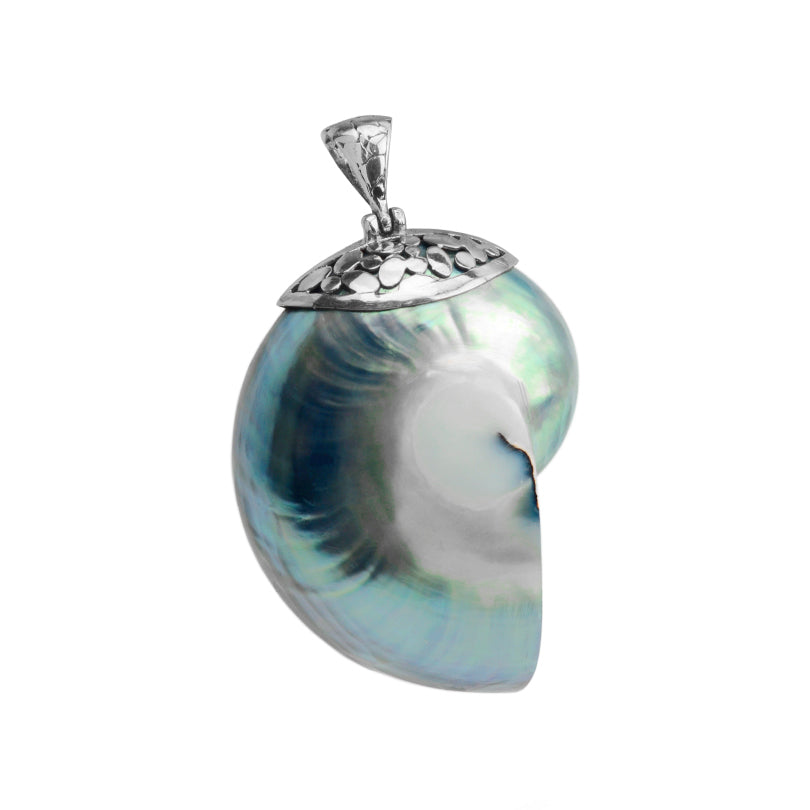 Silvery Blue Natural Seashell with Silver "Crown" Sterling Silver Balinese Pendant