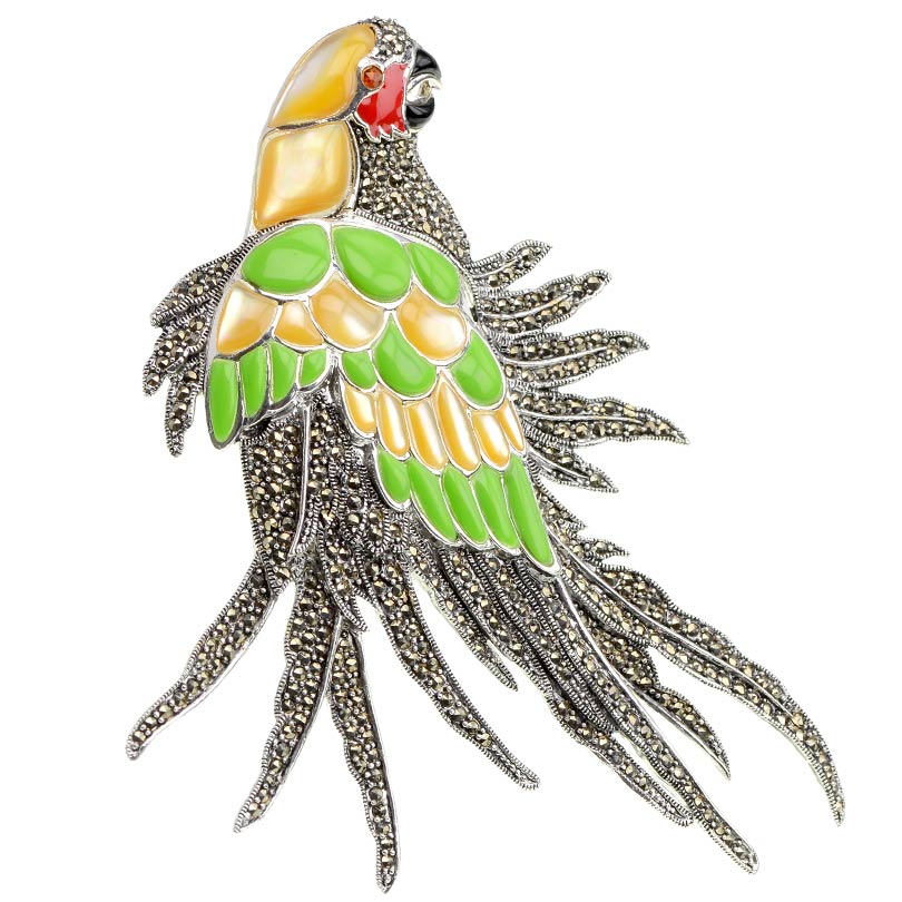 Truly Magnificent Parrot Brooch with Marcasite in Silver or Gold Plating.