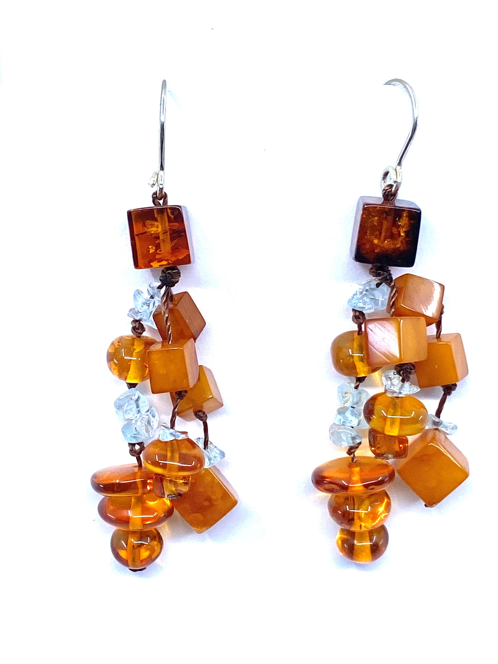 Stunning Baltic Amber and Aquamarine Sterling Silver Cluster Statement Earrings