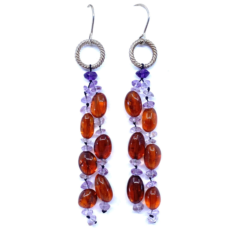 Beautiful Polish Amber and Amethyst Dangle Earrings