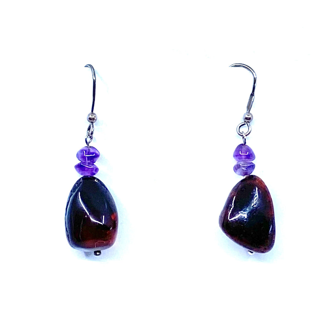 Gorgeous Dark Cherry Amber and Amethyst Chunky Sterling Silver Earrings