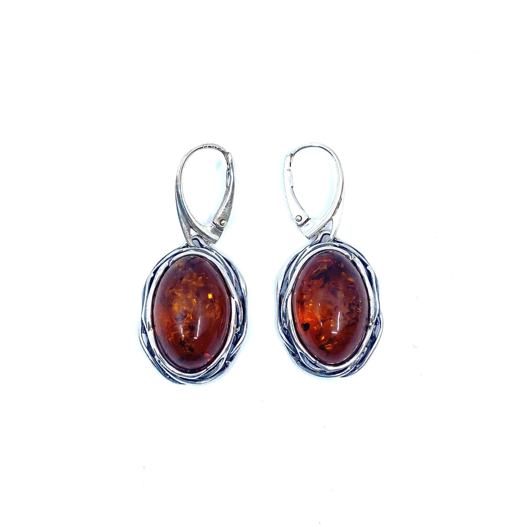 Stunning Weave Silver Frame Baltic Cognac Amber  Sterling Silver Statement Earrings