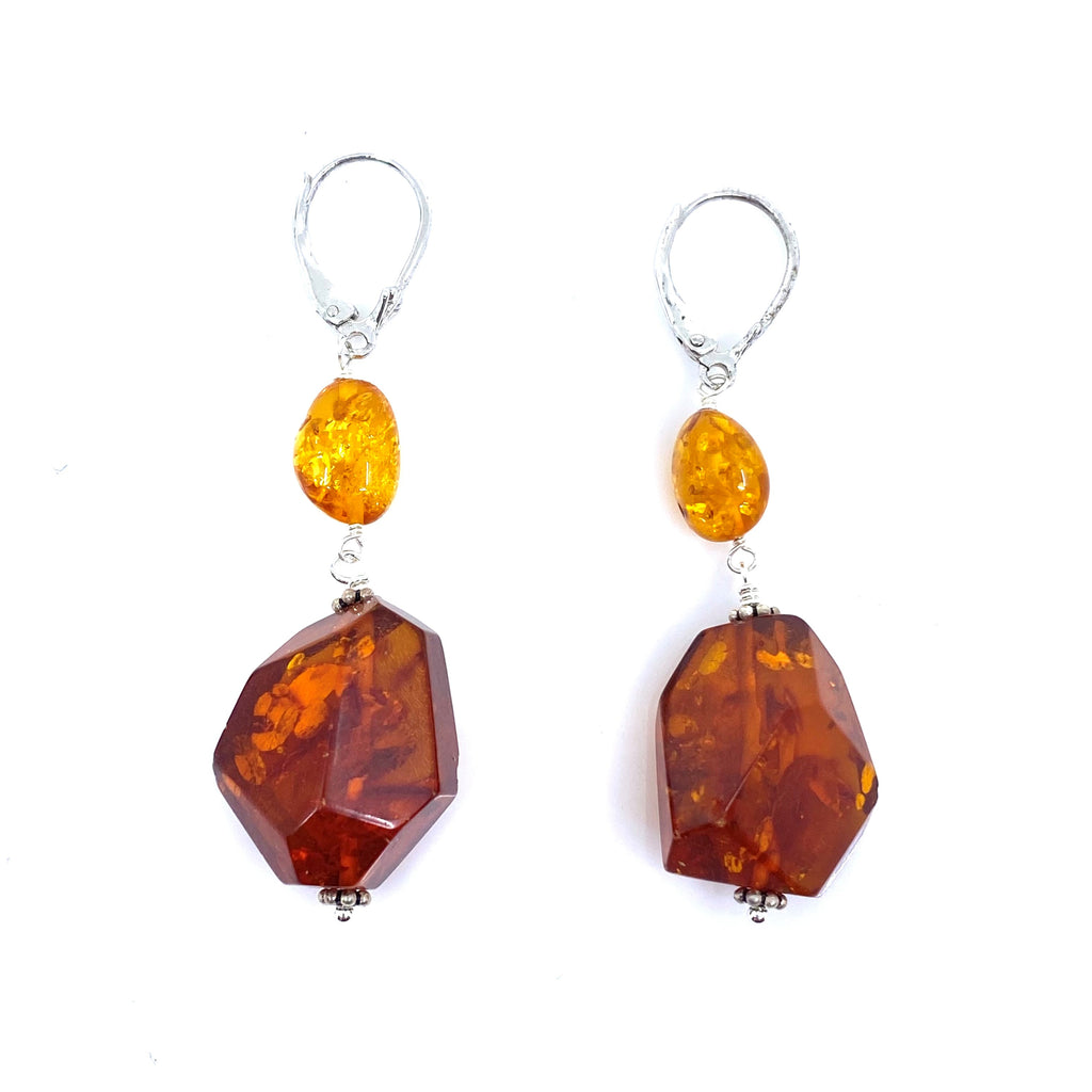 Gorgeous Chunky Baltic Cognac Amber Sterling Silver Statement Earrings
