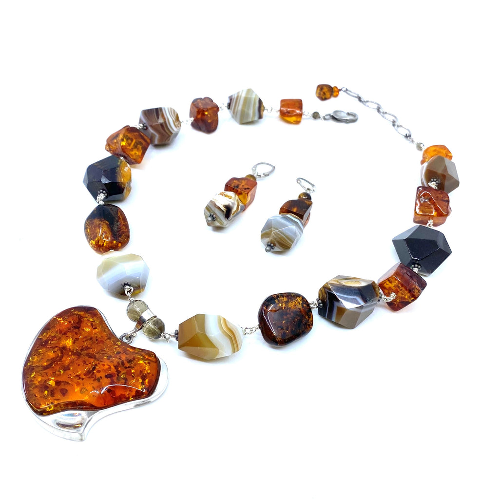 Gorgeous Polish Designer Amber Heart Sterling Silver Statement Necklace