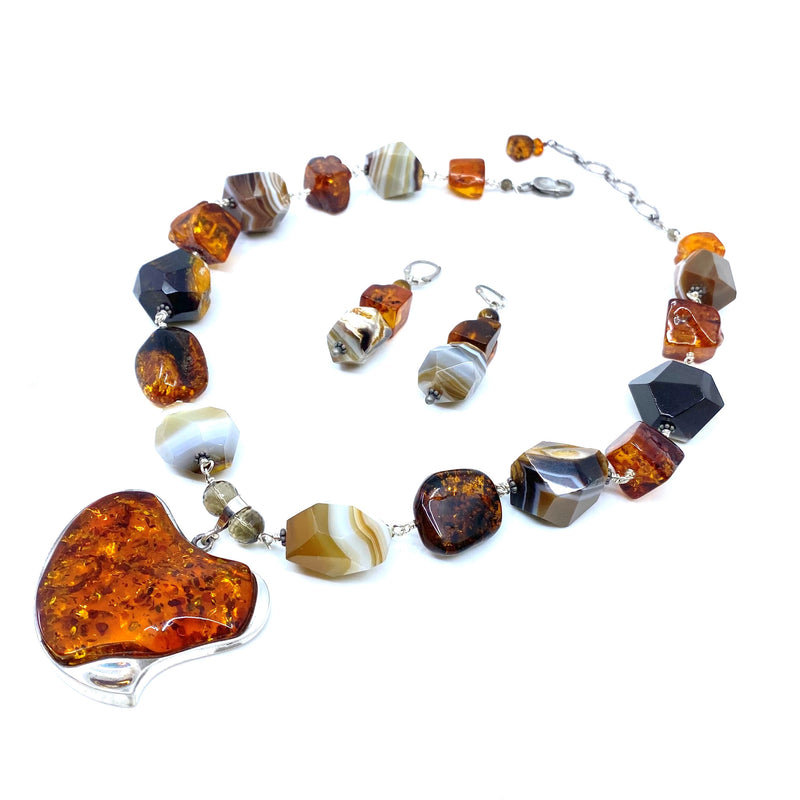 Gorgeous Polish Designer Amber Heart Sterling Silver Statement Necklace