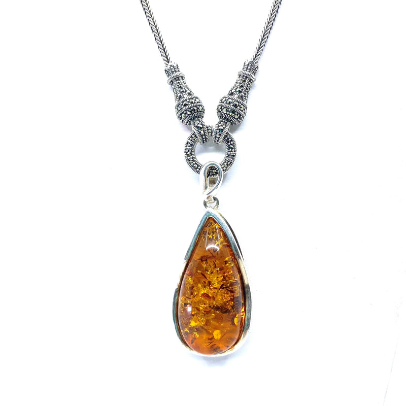 Gorgeous Amber In Marcasite Holder Sterling Silver Statement Necklace