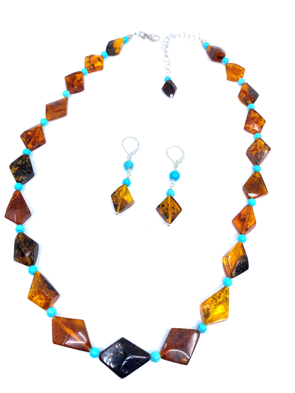 Diamond Shape Baltic Amber Stone with Turquoise Necklace