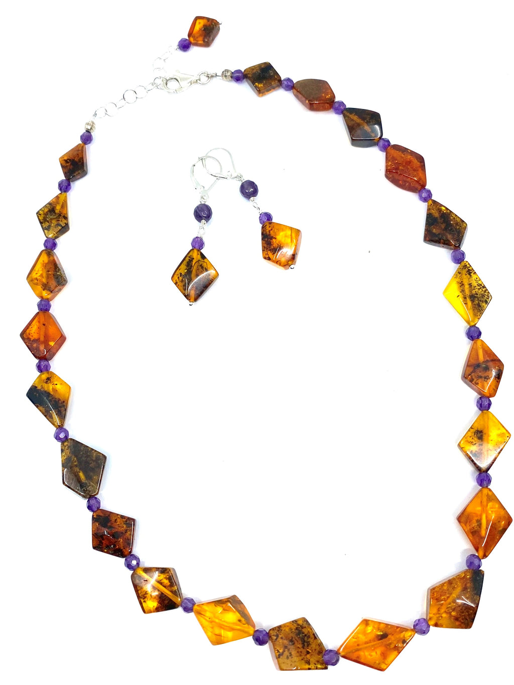 Diamond Shape Baltic Amber Stone with Amethyst Necklace
