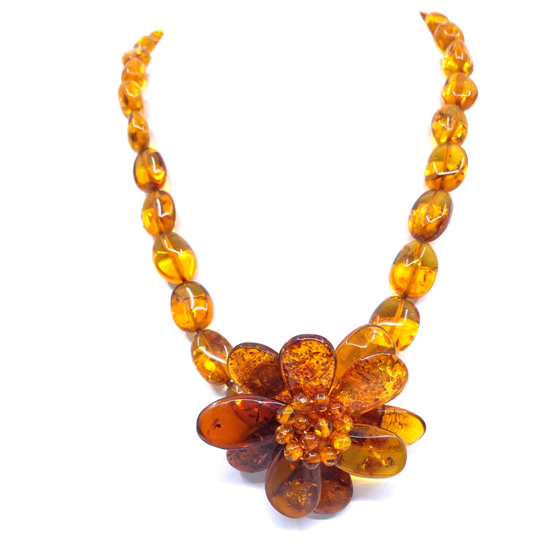 Glistening Golden Amber Flower Statement Necklace