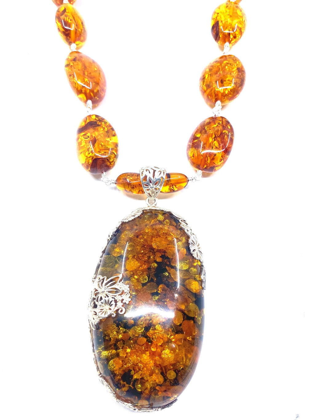 Magnificent Golden Amber Silver Flowers Sterling Silver Statement necklace