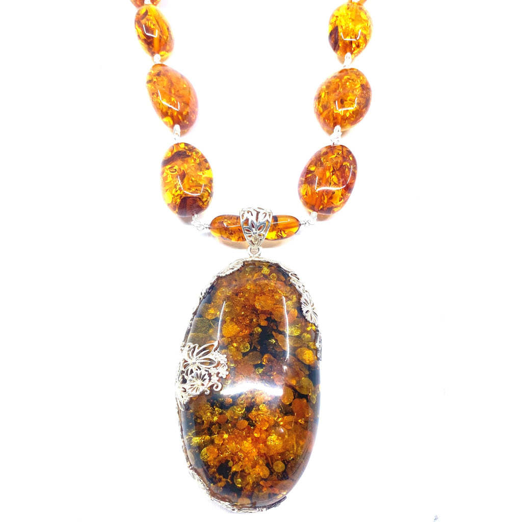 Magnificent Golden Amber Silver Flowers Sterling Silver Statement necklace